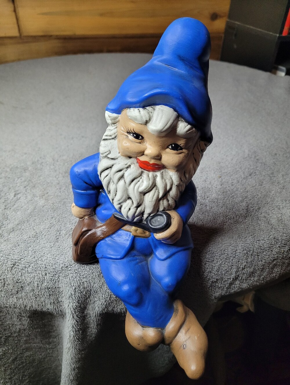 Vintage Garden Gnome Decor 11" Ceramic Hand Painted Sitting Pipe in Hand 70s